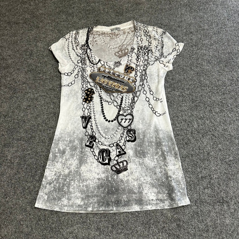 Amour T-Shirt Womens XL White Las Vegas Sequin Embellished Graphic Scoop Neck